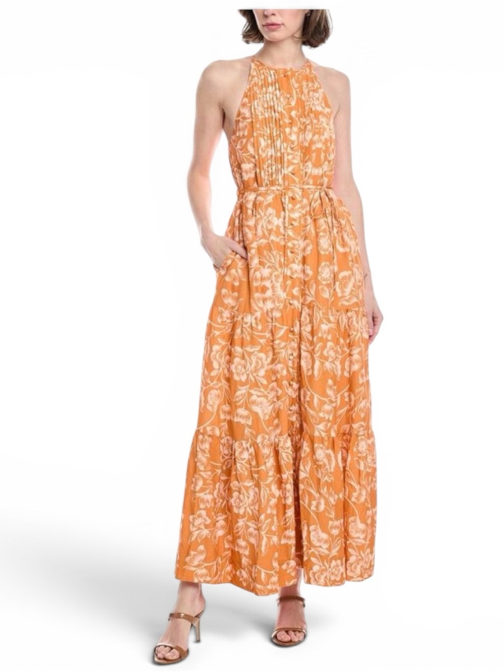 Hermoza Hildi Floral Maxi Dress M Sleeveless Linen-Blend Halter Tiered Orange